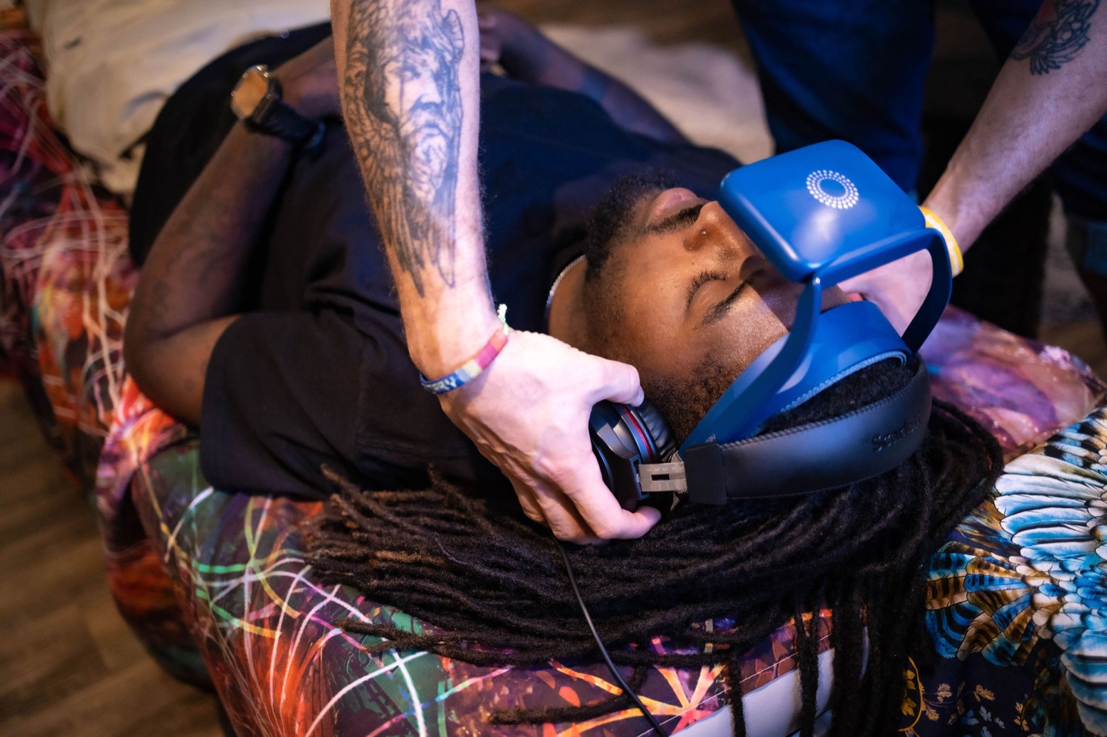 A client receiving light and sound therapy